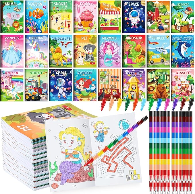 BenLouis Coloring Books for Kids With Stacking Crayons Set Mini Coloring Books Bulk for Ages 4-8-12 Small Activity Books for Birthday Party Gifts Goodie Bags Stuffers Travel（24+24Pcs Assorted）