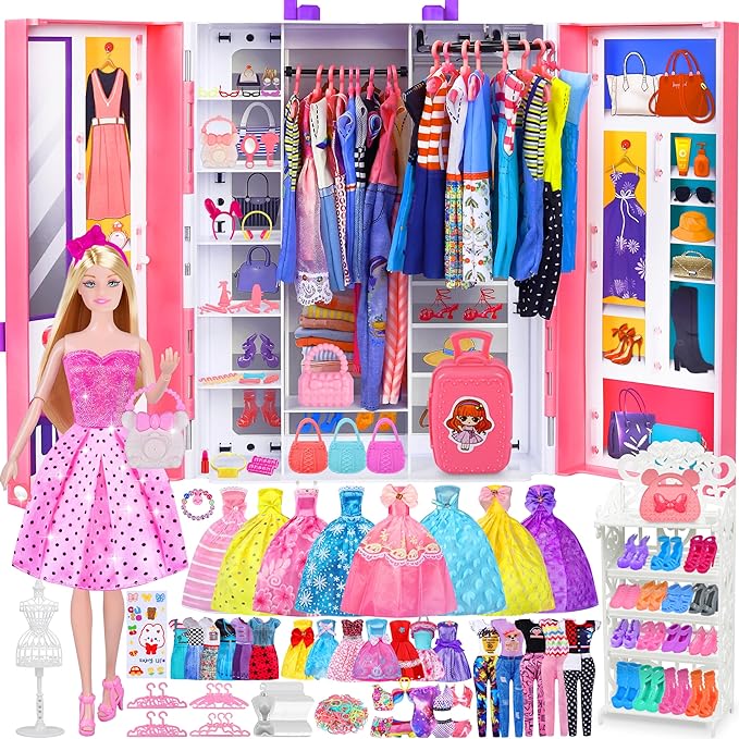 Doll Closet Playset with Doll, 342 Pcs Clothes and Accessories, Princess Dresses Top Pants Swimsuits Wardrobe Shoes Hangers and Other Accessories, Dress up Toys for Girls Toddlers Gift Toys