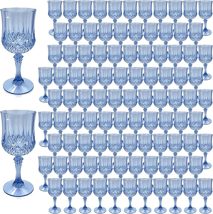LEYIQU Plastic Wine Glasses, Plastic Goblets Vintage Style Cordial Drinking Glasses for Valentine’s Day, Wedding Reception, Grand Event Party Supplies (100, Blue)