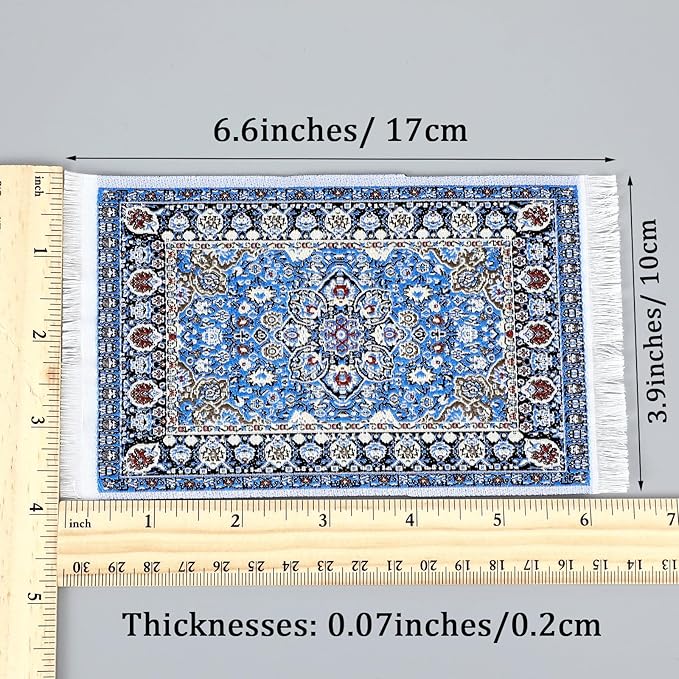 Dollhouse Rug 2Pcs Miniature Accessories, 1:12 Vintage Woven Dollhouse Rugs, Mini Floral Print Carpet for Miniature Furniture Floor Decoration Accessory (Blue, Yellow)