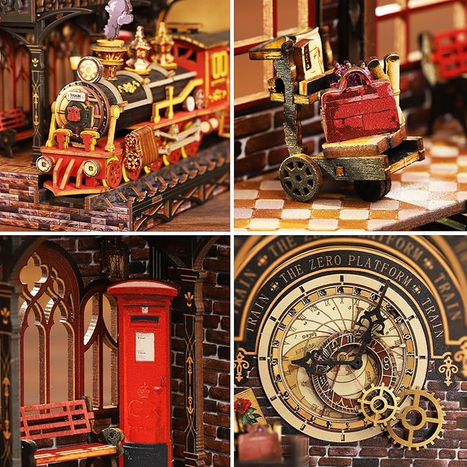 Book Nook Kit - DIY Miniature Dollhouse Booknook Kit with Steam Train, 3D Wooden Puzzle Bookend Bookshelf Insert Decor with LED, DIY Adults Crafts Kit Gifts for Family Friends