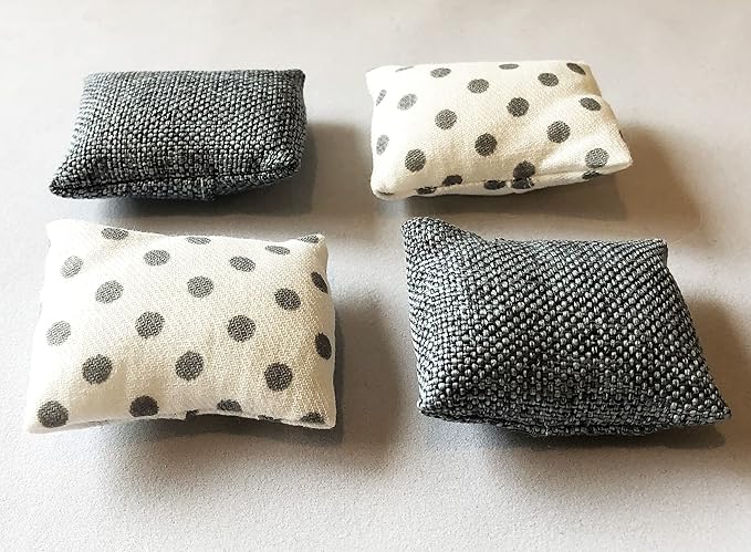 Dollhouse Furniture mini Bed Set, Realistic Bedroom Accessories for 6 inch Dolls, Decorative Grey Bedspread & Pillows, White Wooden Frame, 1/12 Scale