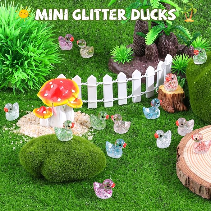 120PCS Mini Resin Animals Cute Colorful Glitter Tiny Ducks, Miniature Figures to Hide, Little Animal Accessories Bulk for Topper Garden Dollhouse Landscape Aquarium Ornaments DIY Crafts & Decor