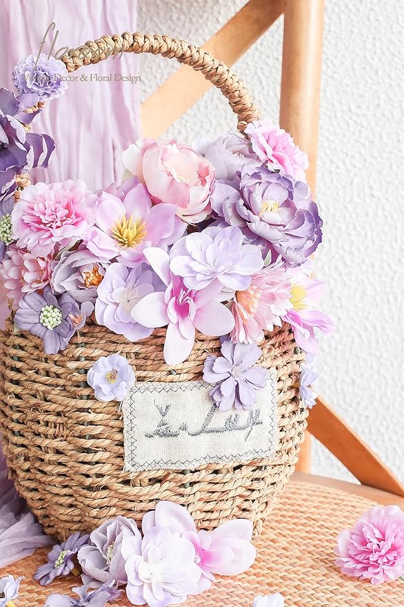 Floroom Mini Artificial Flower Heads Lavender & Purple Fake Peony Daisy Rose Multicolor Small Faux Silk Flower Heads for Cake Craft Garland Wedding Party Graduation Cap DIY Home Decoration, 0.8"-3.6"