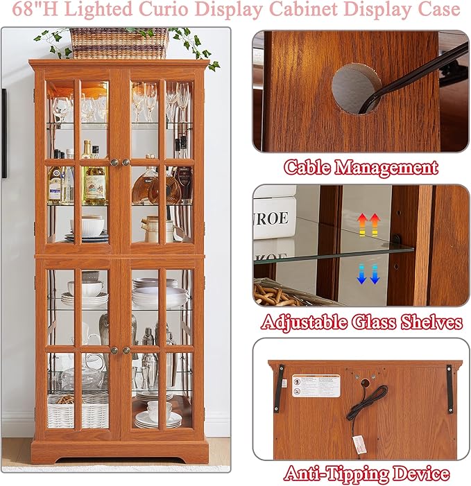 68" H Glass Curio Display Cabinet with Light, 6-Tier Wooden Glass Storage Showcase w/ 4 Doors & Adjustable Shelves, Vintage Accent Cabinet w/Mirrored Back Pane for Home & Office