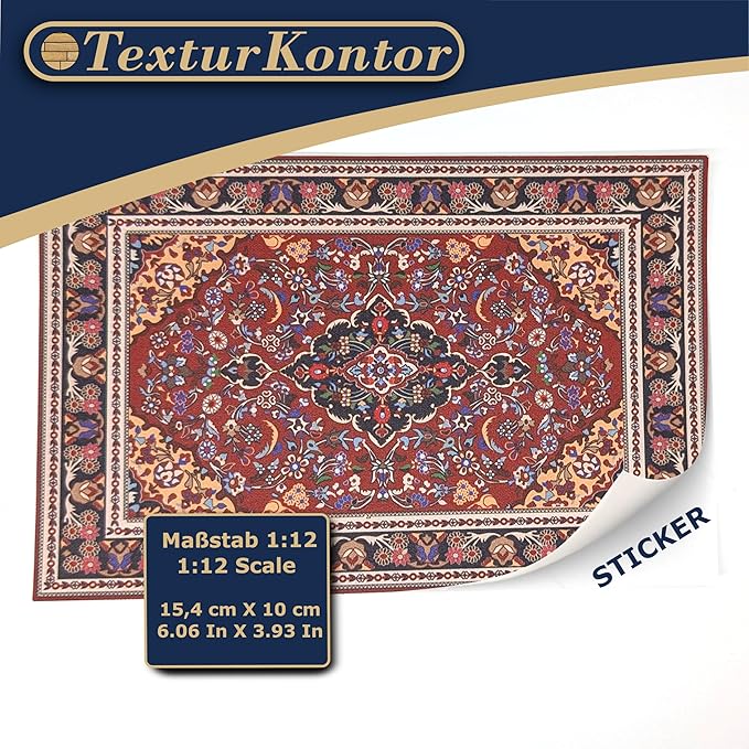 Self-Adhesive Carpet with Real Textile Structure for Dollhouses Scale 1:12 (Oriental Carpet Red 1)