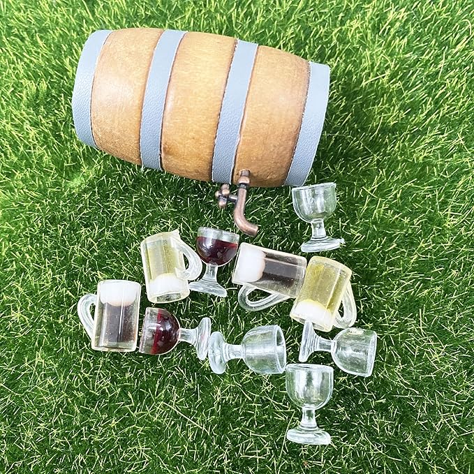 Cayway Miniature Drink Set - 8 PCS Accessories, 1 PCS Wooden Beer Barrel, White & Beer Glasses for Fairy Garden Pub Bar Decoration