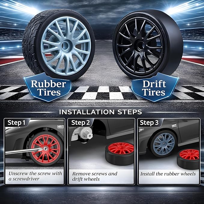 Remote Control Car RC Drift Car 2.4GHz 1:24 Scale 4WD 15KM/H High Speed Model Vehicle with LED Lights Drifting Tire Racing Sport Toy Car for Adults Boys Girls Kids Gift 2Pcs Rechargeable Batteries