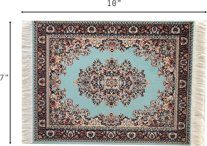 Turquoise Dollhouse Rug, Miniature Doll House Accessory, Carpet for 3” to 12” Dolls, 10x7, Rectangle, Toy Carpeting Decor
