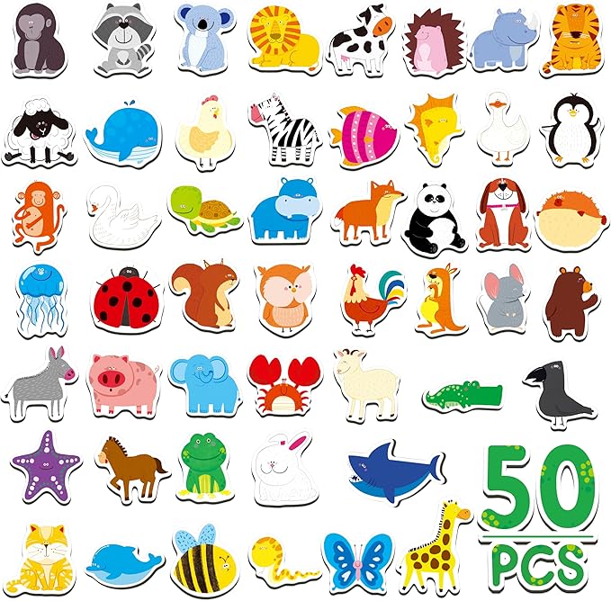 50 PCS Animal Magnets, Adorable Magnetic Animal -Wild Animal, Farm Animal & Marine Animal-Thick Refrigerator Magnets Cute Educational Learning Toys for Kids 3+