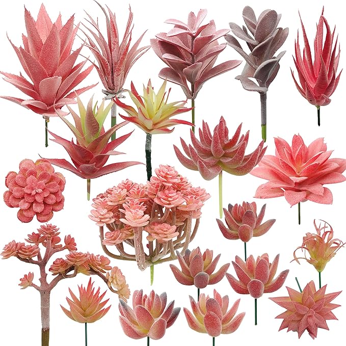 Woohome 20 PCS Artificial Succulent Plants, Red Fake Succulent, Unpotted Faux Succulent Assortment in Flocked in Different Type for Birthday Home Decor Indoor Wall Garden DIY