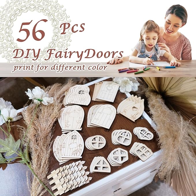 Halandar 56 Pcs Fairy Door & Window Craft Kit - Wooden Garden Doors, Mini Fences, Unpainted Miniature Accessories for Home Party Event Decor - DIY Fairy House Decorations (Classic)