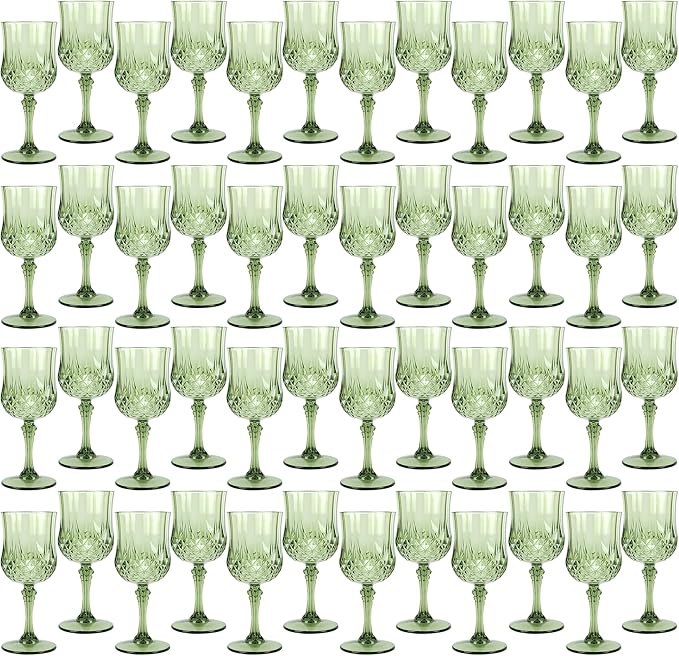 LEYIQU Plastic Wine Glasses, Plastic Goblets Vintage Style Cordial Drinking Glasses for Valentine’s Day, Wedding Reception, Grand Event Party Supplies (48, New Green)
