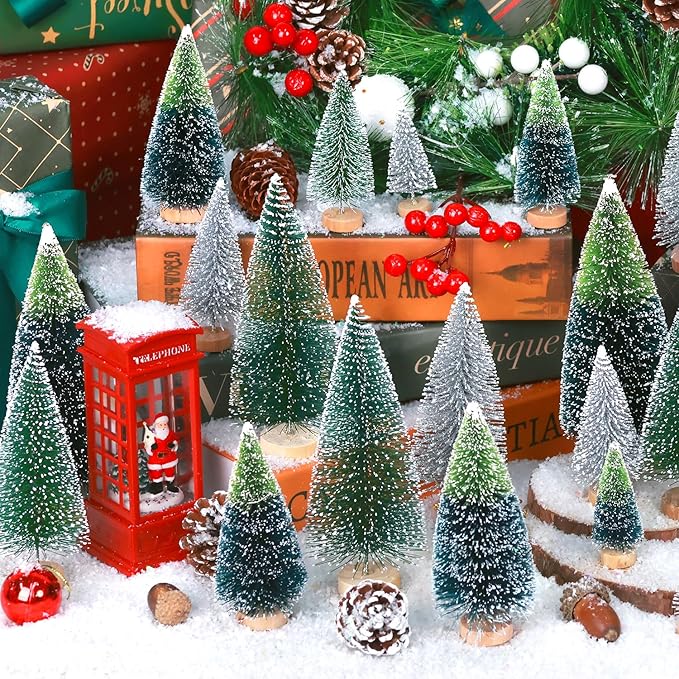30Pcs Mini Christmas Tree Decor, Artificial Christmas Tree 5 Sizes,Mini Sisal Snow Frost Trees with Wooden Base for Christmas Decor Christmas Party Home Table Craft Decorations (B/Green/Silver)
