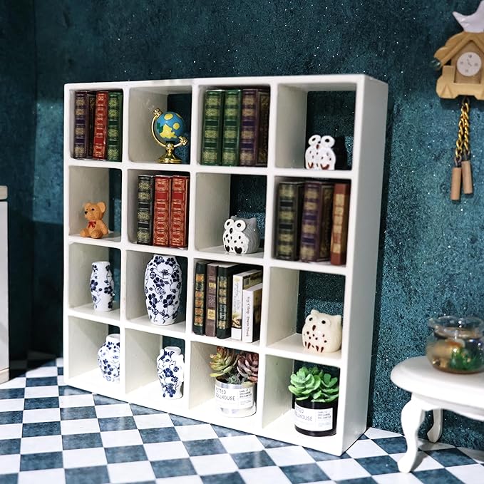 Miniature Furniture Storage Rack 1/12 Dollhouse Furniture 16 Grid Shelf Bookshelf Display Shelf Wall Rack Stand Mini House Scene Decoration (White)