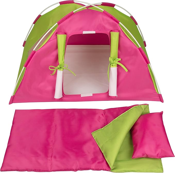 Doll Camping Bed Tent w Sleeping Bag & Pillow - Premium Handmade Furniture Accessories for 18" Dolls - Large Sized -23"x 15"x14"
