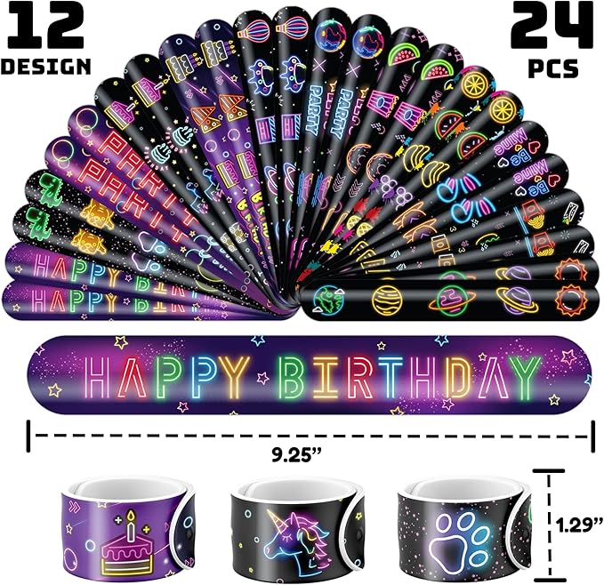 72 PCS Neon Party Set - 48 Neon Temporary Tattoos, 24 Slap Bracelets Wristbands - Fun Glow Party Supplies for Birthday, Baby Shower, Classroom Rewards, Decorations & Gifts for Kids
