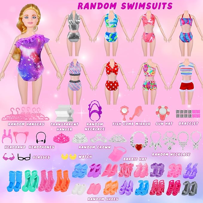 135 Pcs Doll Clothes and Accessories with Doll, Princess Gowns, Fashion Dresses, Slip Dresses, Top, Pants, Jumpsuit, Swimsuits, Shoes, Hangers, Doll Dress up Toys for Girls Kids Toddlers Toy Gifts