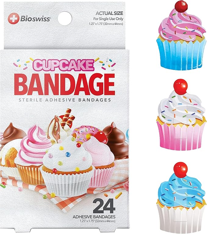 BioSwiss Bandages, Cupcake Shaped Self Adhesive Bandage Set, Latex Free, Sterile Wound Care, 24 Count