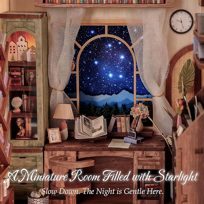 DIY Book Nook Kit for Adults, 3D Wooden Puzzle Booknook Miniature House Kit (Starlight Reading Nook)