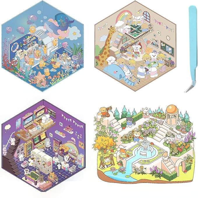 DIY 3D Sticker Scenes Kit: 4 Sets Miniature Room & Shop Stickers for Teens & Adults - Create Your Own Cute Cartoon Worlds, Stress Relief Craft