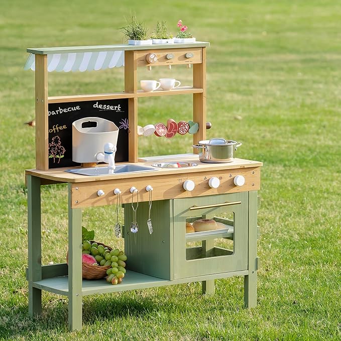 ROBOTIME Mud Kitchen for Kids, Outdoor Wooden Playset with Mud Kitchen, Sink, BBQ Grill, Coffee Maker, Planting Area & Oven, Pretend Play Kitchen for Outdoor Fun Ages 3+