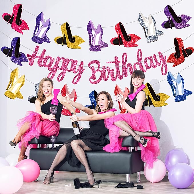 High Heel Theme Banners Rose Gold High Heel Birthday Decorations Girls Birdal Shower Wedding Party Supplies Stiletto Shoes Party Favor Banners for Women Birthday Decor
