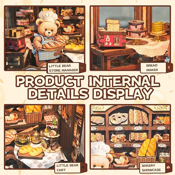 CUTEROOM Book Nook Kit for Adults, 3D Wooden Puzzle DIY Miniature Dollhouse Booknook Kit, Tiny House Building Kit with LED Light for Bookshelf Insert Decor-Bear Bakery