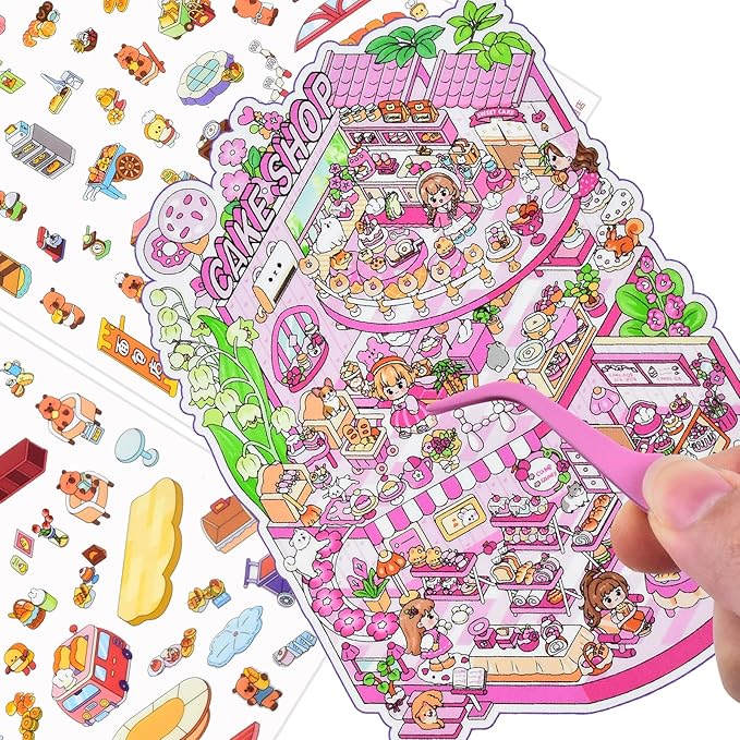 DIY 3D Fun Large Animal House Scene Stickers Book with Tweezers Make Your Own Food Store Pet Hospital Island Sticker Scenes Cute Micro Stickers for Relief Stress Pass The Time(6 Designs)