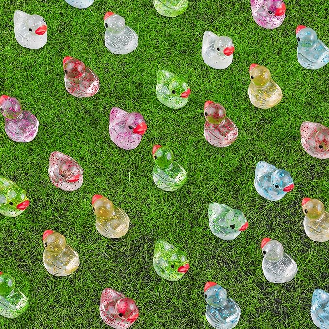 120PCS Mini Resin Animals Cute Colorful Glitter Tiny Ducks, Miniature Figures to Hide, Little Animal Accessories Bulk for Topper Garden Dollhouse Landscape Aquarium Ornaments DIY Crafts & Decor