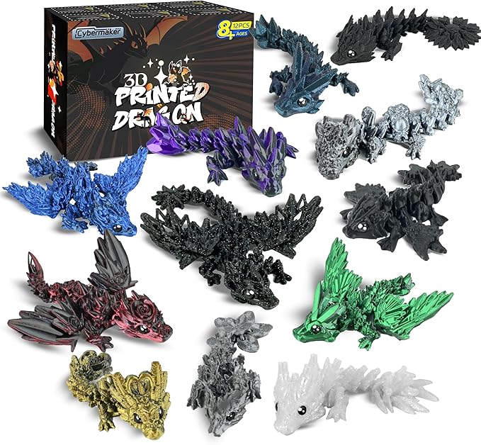 12PCS 3D Printed Dragon Set – Black Series Articulated Crystal Dragons, Cool Fidget Toys & Desk Decor, Unique 3D Printed Animals, Vibrant Gift for Teens, Adults, Party Favors