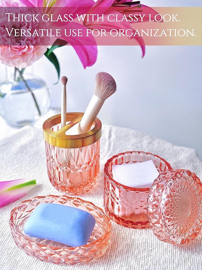 LaMarriti 5pcs Clear Glass Bathroom Accessories Set, Crystal Pink Bathroom Decor Set, Soap Dispenser, Toothbrush Holder Set, Soap Dish, Tumbler, Qtips Holder, Modern Decor for Bathroom, Gift Set