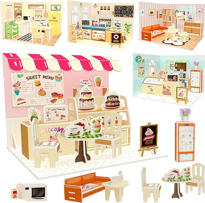5 Set DIY Miniature Cafe House Kit for Adults to Build, Tiny House Making Kit with Furniture, Halloween/Christmas Decorations/Gifts(Dollhouse Shop)