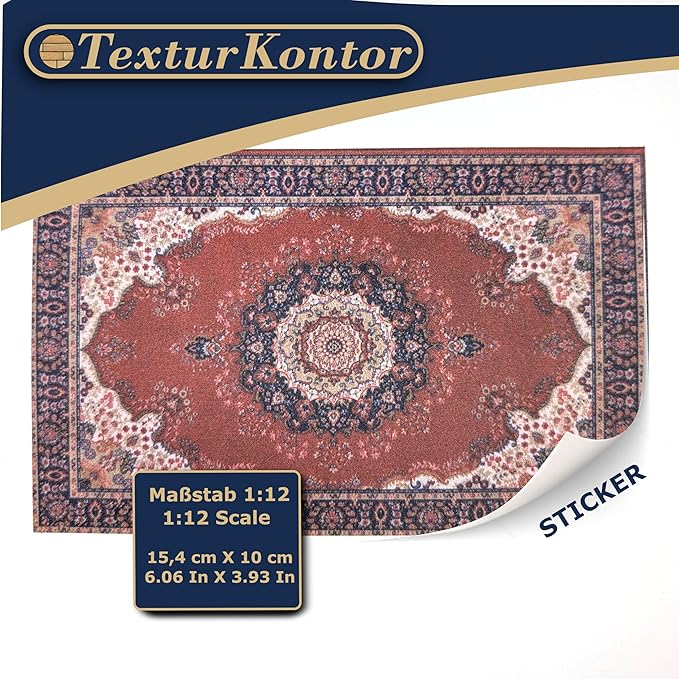 Self-Adhesive Carpet with Real Textile Structure for Dollhouses Scale 1:12 (Oriental Carpet Red 3)