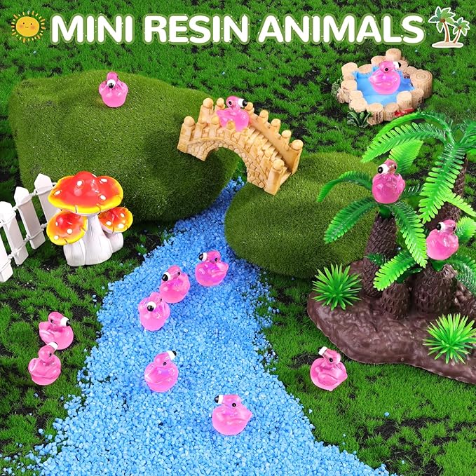 200PCS Mini Resin Animals Cute Rose Pink Tiny Flamingo Ducks Glow in Dark, Miniature Figures to Hide, Small Animal Accessories Bulk for Topper Garden Dollhouse Ornaments DIY Crafts & Decor