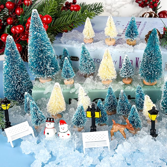 BOUBONI Mini Christmas Tree 35PCS Christmas Village Sets with Crafts Reindeer Snowmen Benches Street Lamp for Xmas Decorations Indoor Party Home Table Craft (Dark Green, Beige)