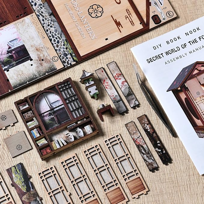 Book Nook Kit - DIY Miniature House Kit for Adults and Teens, Booknook Tiny Japanese Dollhouse Kit Bookshelf Decor 3D Wooden Puzzle, Gifts for Family, Friends