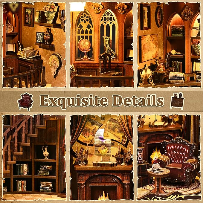 ISSEVE Book Nook Kit - DIY Miniature House Kit Book Nooks for Adults, Dollhouse Booknook Library Tiny House Bookshelf Decor 3D Wooden Puzzle Model Building Craft Kits Gift (Ancient Rhyme Library)