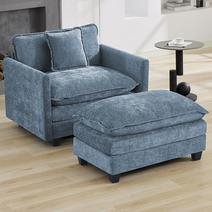 35‘’ Modern Chenille Cloud Sofa Ottoman,Rectangle Ottoman for Modular Sectional Sofa, Blue