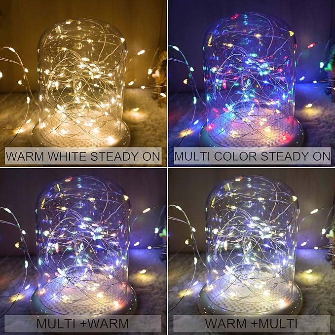 Battery Powered Silver Copper Wire LED String Lights - Remote Control, Color Changing Warm White/Multicolor, for Bedroom, Wedding, Party, Christmas Tree Decor (100LEDs)
