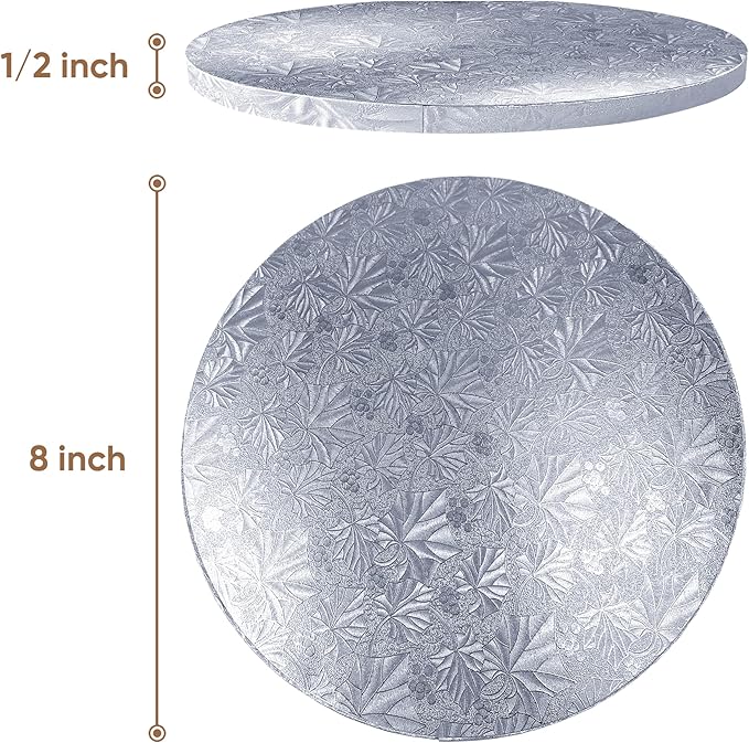 Cakebon Round Cake Boards - Sturdy 1/2 Inch Thick Drums - 8 Inch Professional Smooth Straight Edges Silver 6-Pack