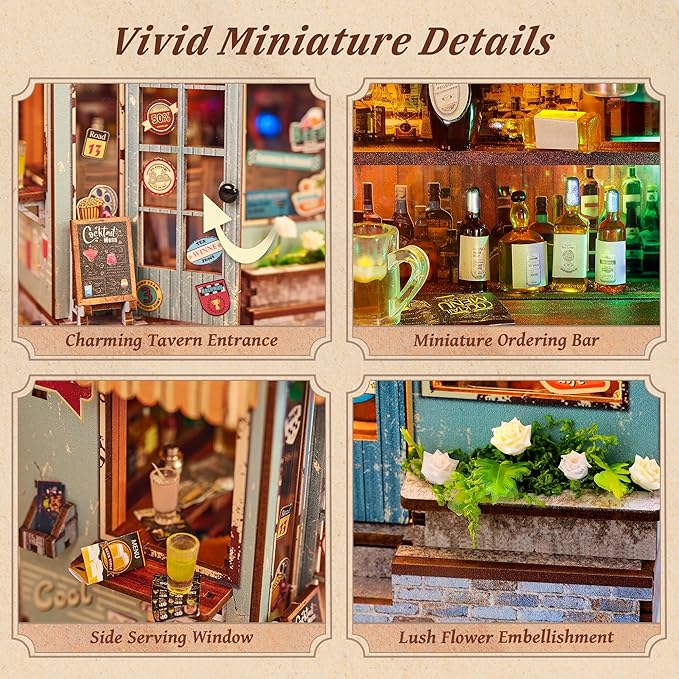 3D Wooden Puzzle Beer Bar Miniature Kit - DIY Dollhouse with LED Lights, Home Decor Display, Creative Gift for Adults and Teens (The Last Drop)