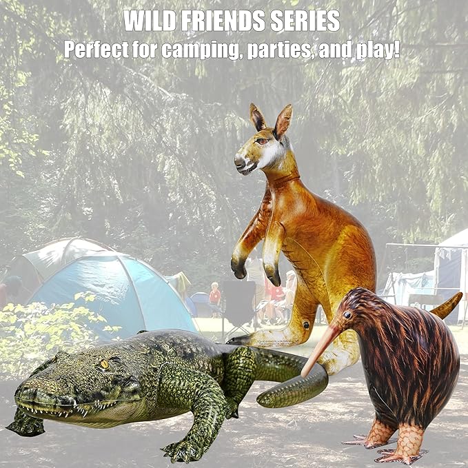 Jet Creations Life on Earth Wildlife Safari Inflatable, 3-PK, Kangaroo, Kiwi Bird, Alligator, Realistic Animals for Party Decoration, Pool, Birthday, Jungle Photo Prop