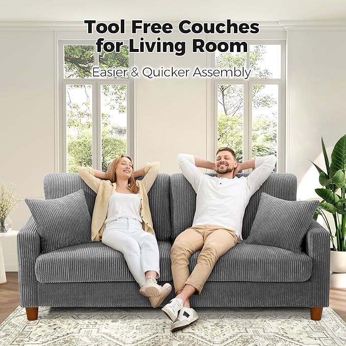 Kidirect 70in Corduroy Couch, Sofa No Tool Assembly, Comfy Couches for Living Room 21in Deeper Seats, Corduroy Sofas for Living Room with 2 Pillows, Oversized Loveseat Sofa, Boho Love Seat Grey Couch