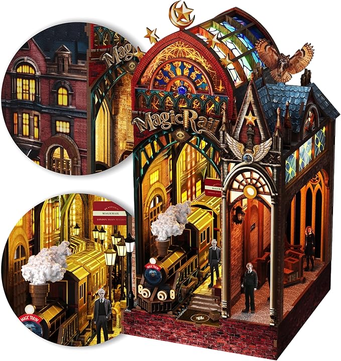 LED Book Nook Kit for Adults – DIY Miniature House Kit, Wooden Dollhouse Kit, Booknook Craft Kits, Library Bookshelf Decor, 3D Puzzles for Adults, Book Lovers Gifts, Magic Station