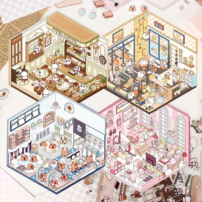 DIY 3D House Stickers, 4 Set Fun DIY Stickers Scene Make Your Own Warm Home, Supermarket, Coffee Shop, Music Bar, Cute 3D Cartoon Scene Stickers for Adult Kids Relief Stress Pass The Time (XMPLUS)