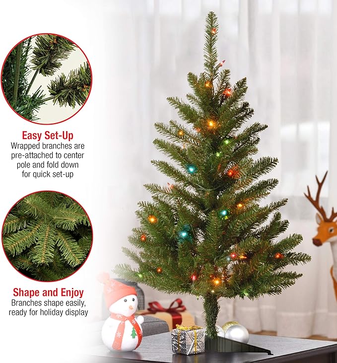 National Tree Company Artificial Pre-Lit Mini Christmas Tree, Green, Kingswood Fir, Multicolor Lights, Includes Stand, 3 Feet