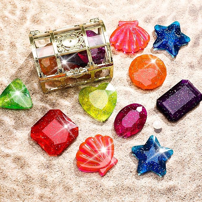 MARFOREVER 18 Pcs Big Diving Gem Pool Toys - 16 Colorful Sinking Diving Gems Underwater Crystals Swim Pool Toys with 2 Treasure Chest Pirate Boxes Acrylic Gemstones Set for Summer Party Favors