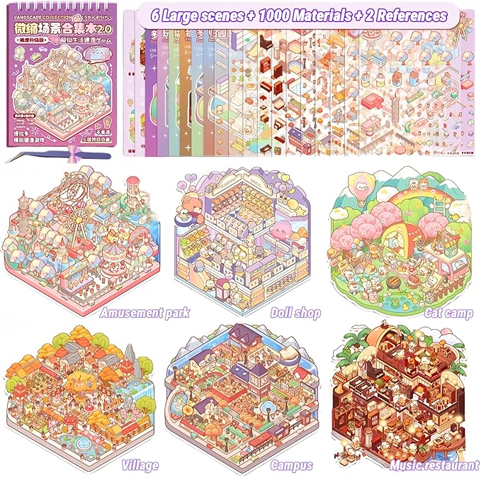 DIY 3D Scene Stickers Set for Adults - 3D Sticker Scene Miniature Scene Stickers - Room Stickeer Book for Adults Kids - Fun Room Sticker Book