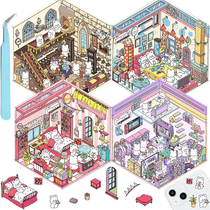 DIY 3D House Stickers for Teens & Adults - 4 Sets Isometric Miniature Room Sticker Book, Cute Cartoon Animal Stickers, Creative Craft for Stress Relief, Home Decoration, and Fun Activity